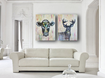 ''Mona the cow'' + ''Alex the deer'' - Acrylic on canvas2 X 60X80 cm. Price: 7,000 DKK. 937 EUR