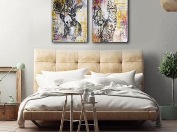Momo +Lili - Acrylic on canvas 2 X  50X40 cm.  Price: 4,500 DKK. 600 EUR